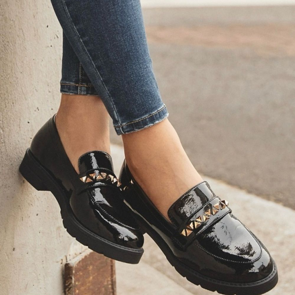 Just Fab Black Patent Leather Loafers with Gold Detail
